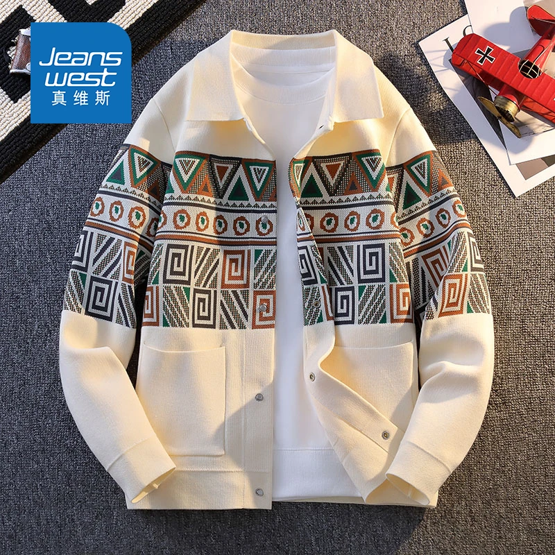 Jeanswest/真维斯秋冬季慵懒风开衫衬衫领宽松纽扣毛衣 男外套