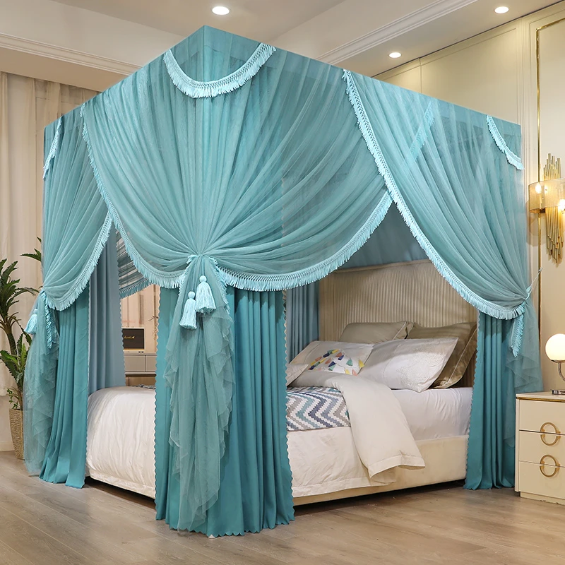 新款公主风流苏款床幔三开门落地式宫廷蚊帐遮光防尘顶床帘蚊帐