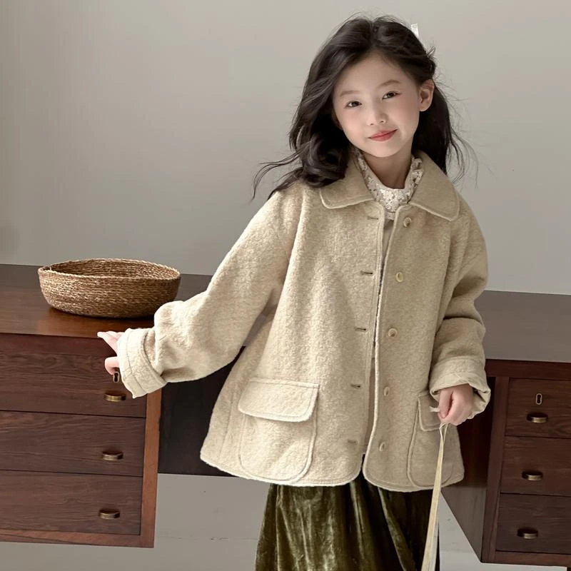 女童秋冬加厚毛呢外套2024新款儿童夹棉呢大衣女孩洋气百搭风衣潮