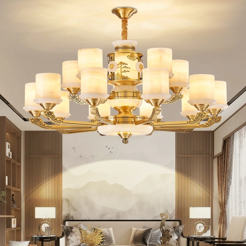 新款全铜新中式客厅吊灯餐厅复式楼楼别墅高端大气大吊灯大厅家用