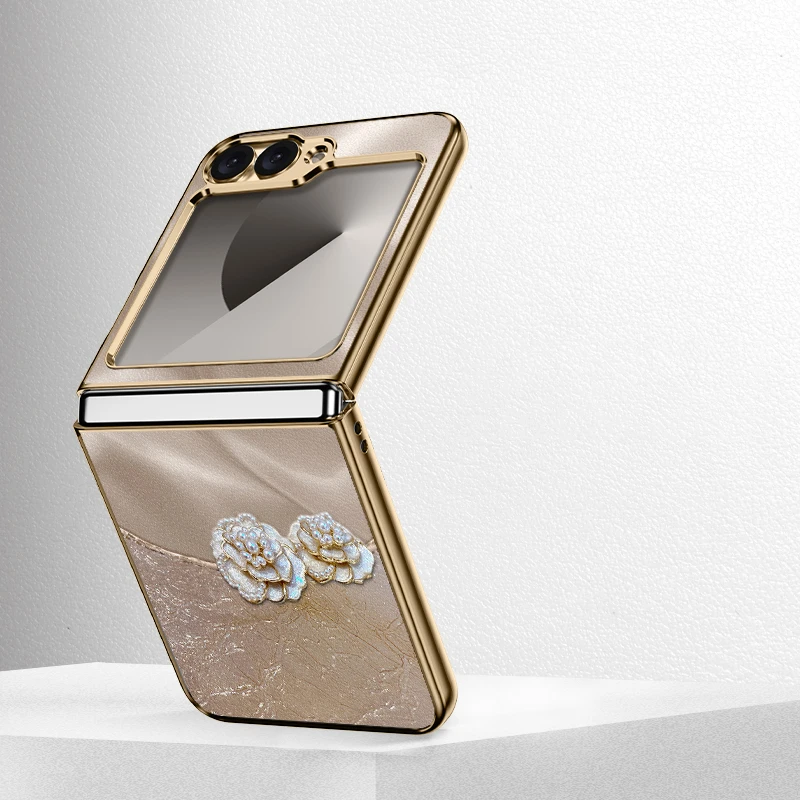 适用三星ZFlip6手机壳叶脉山茶花 Galxy5新款z高端flip4高级感3女