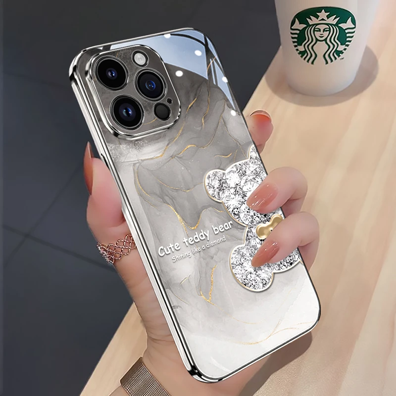 适用苹果17手机壳水墨钻熊iPhone16promax高级感15pro奢华ins女13