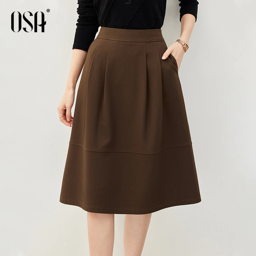 OSA/欧莎黑色高腰磨毛伞裙显瘦百搭遮肚a字半身裙女S122D51003