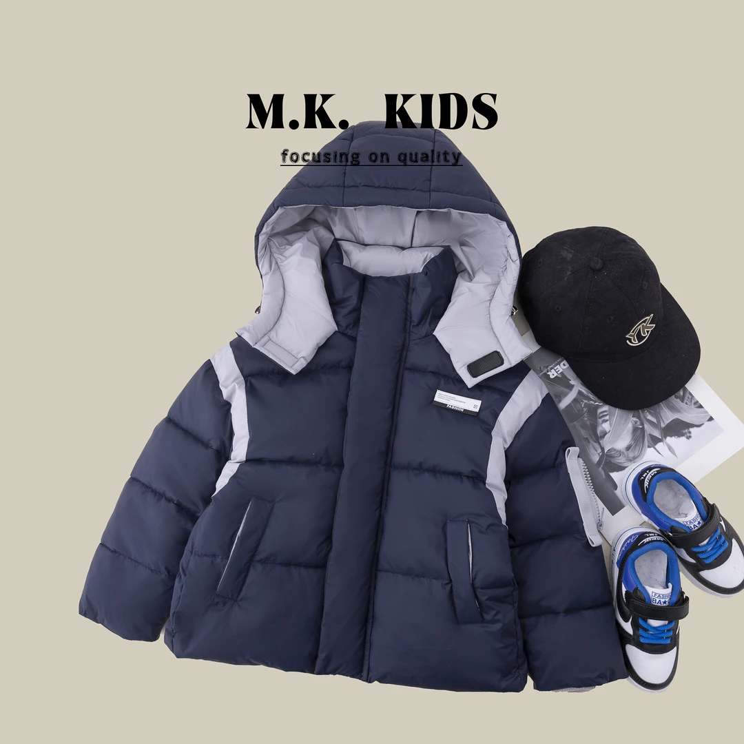MK品牌现货儿童冬潮版时尚棉服保暖拼色休闲外套戴帽棉服DN70203
