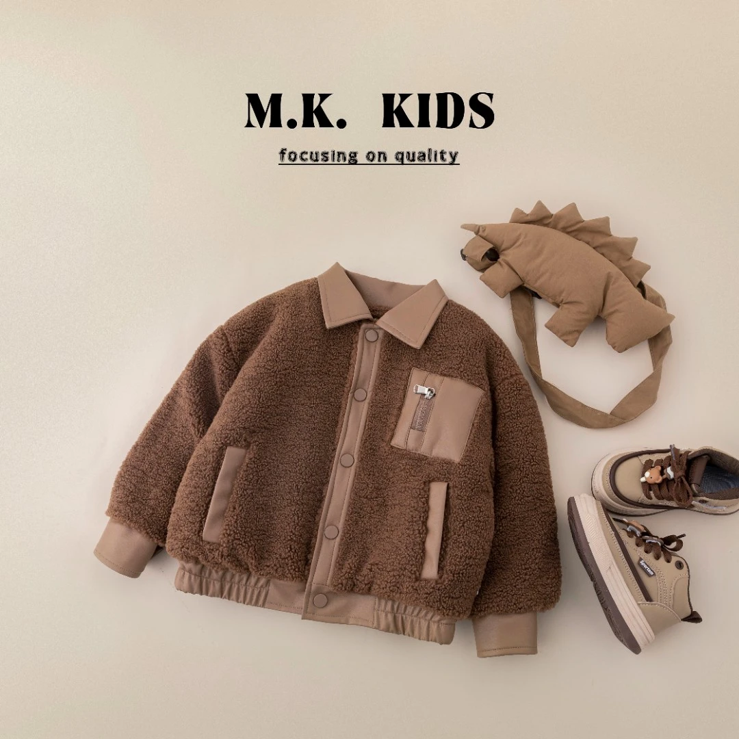 MK品牌【咖里咖气】现货儿童冬咖色拼接棒球服加厚毛毛外套DA70014