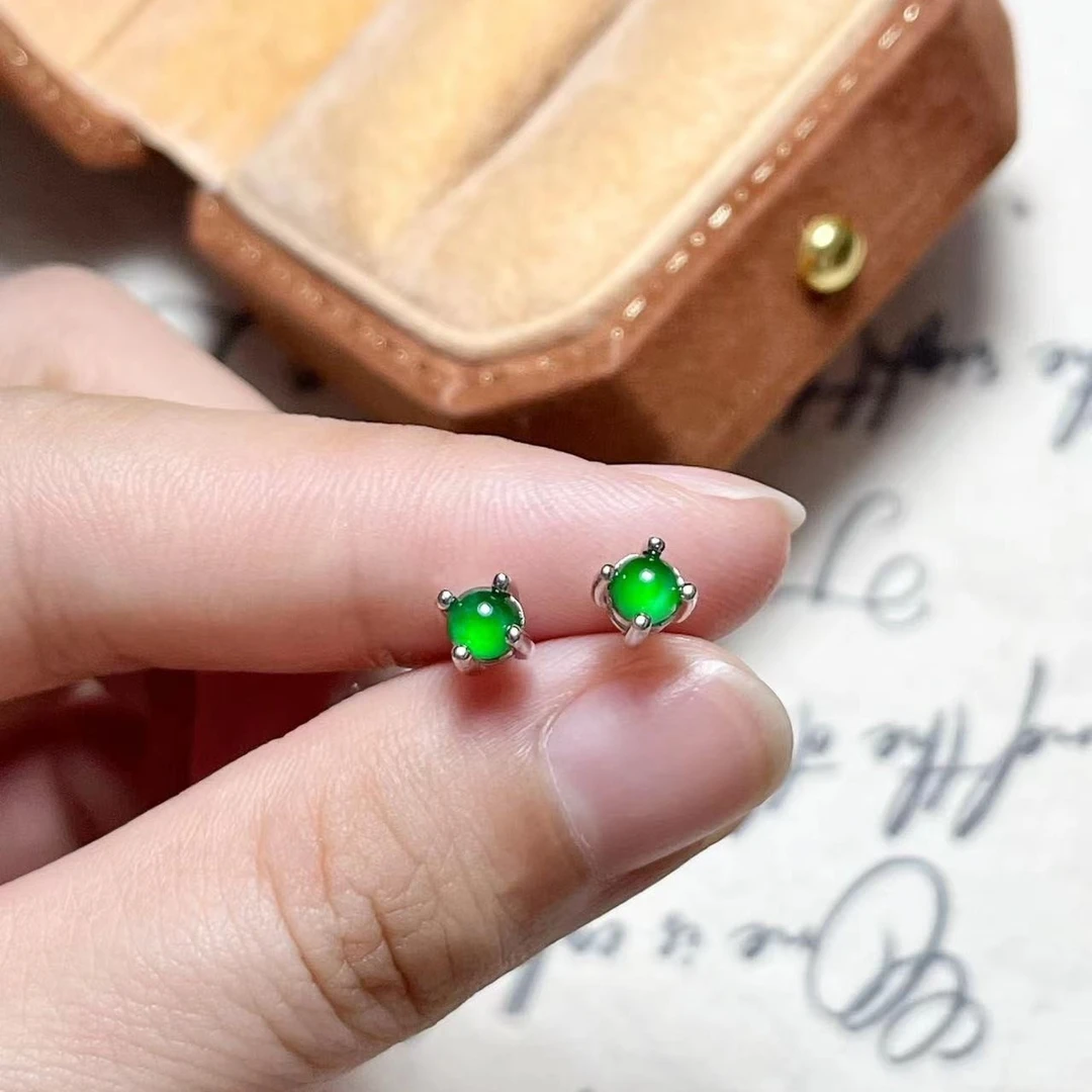 天然A货翡翠蛋面经典四爪养耳洞耳骨钉 银色4mm