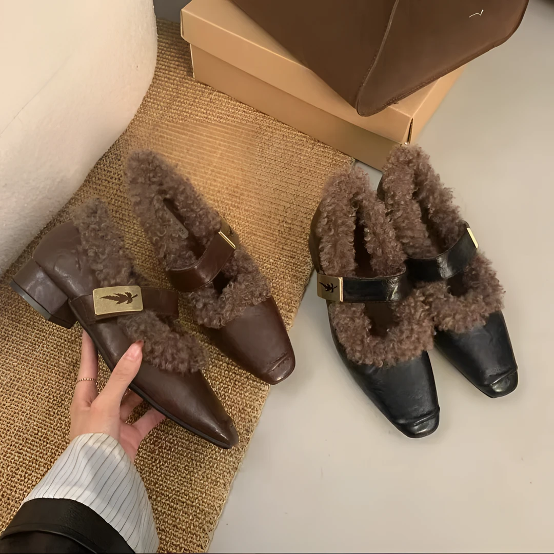 小香风毛毛鞋女韩版2024冬外穿粗跟一字扣玛丽珍鞋卷毛加绒棉单鞋