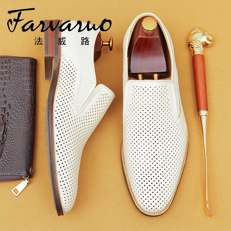 镂空夏季透气套脚休闲皮鞋英伦真皮手工正装百搭软底软面男鞋凉鞋