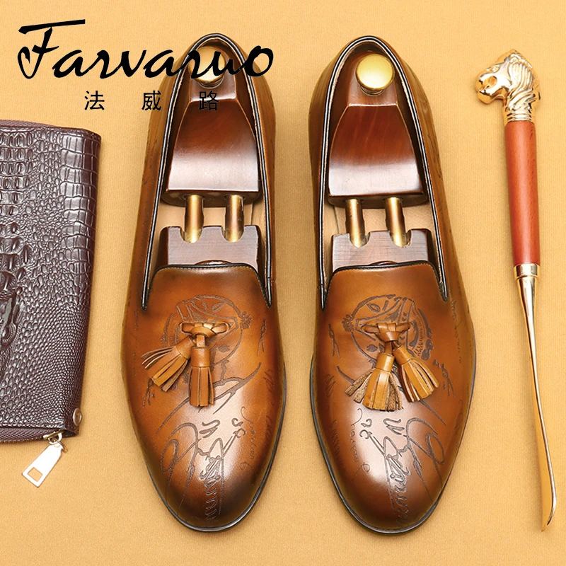 流苏圆头真皮乐福鞋男士皮鞋英伦风百搭潮流套脚手工男式豆豆鞋