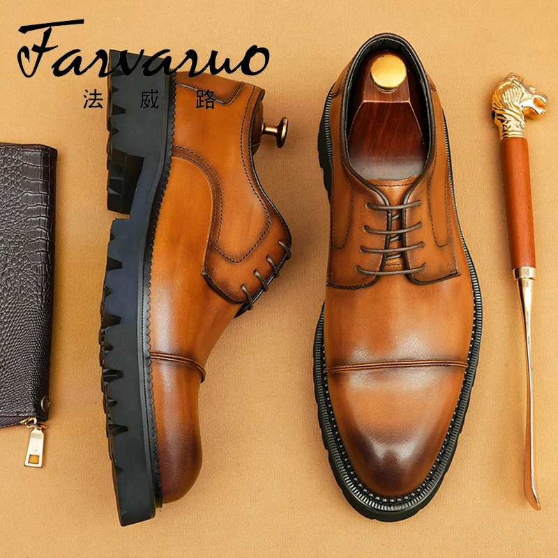 三接头皮鞋男真皮厚底增高商务休闲德比鞋轻底擦色英伦风正装男鞋