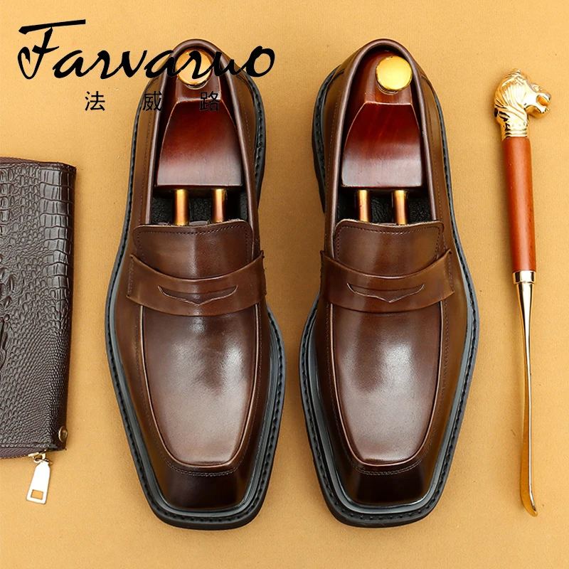 厚底一脚蹬百搭乐福鞋男真皮英伦风方头牛皮鞋套脚正装皮鞋增高