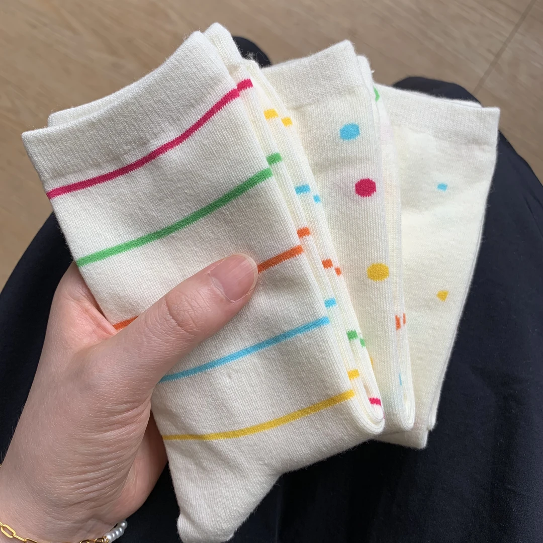 9双多巴胺袜子女秋季新款彩色点点棉袜潮可爱学生条纹中筒袜1双装