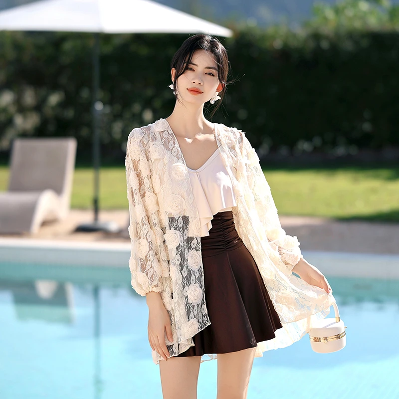 【汐歌儿】2025度假季新款泳衣女士长袖防晒蕾丝时尚遮肚显瘦两件套