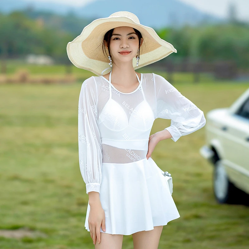 【汐歌儿】泡温泉度假2024年新款时尚个性遮肉显瘦拼纱长袖连体泳衣