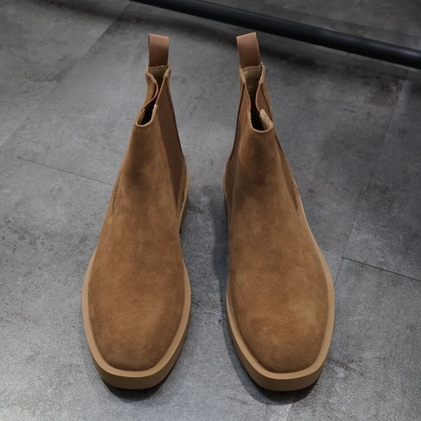 日系复古冬季厚底套筒靴工装磨砂牛皮方底英伦男士切尔西沙漠靴潮