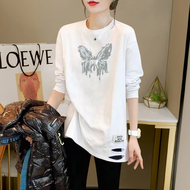 韩版宽松大码中长款打底衫休闲上衣时尚搭配鲨鱼裤长袖T恤女ｉｎｓ潮