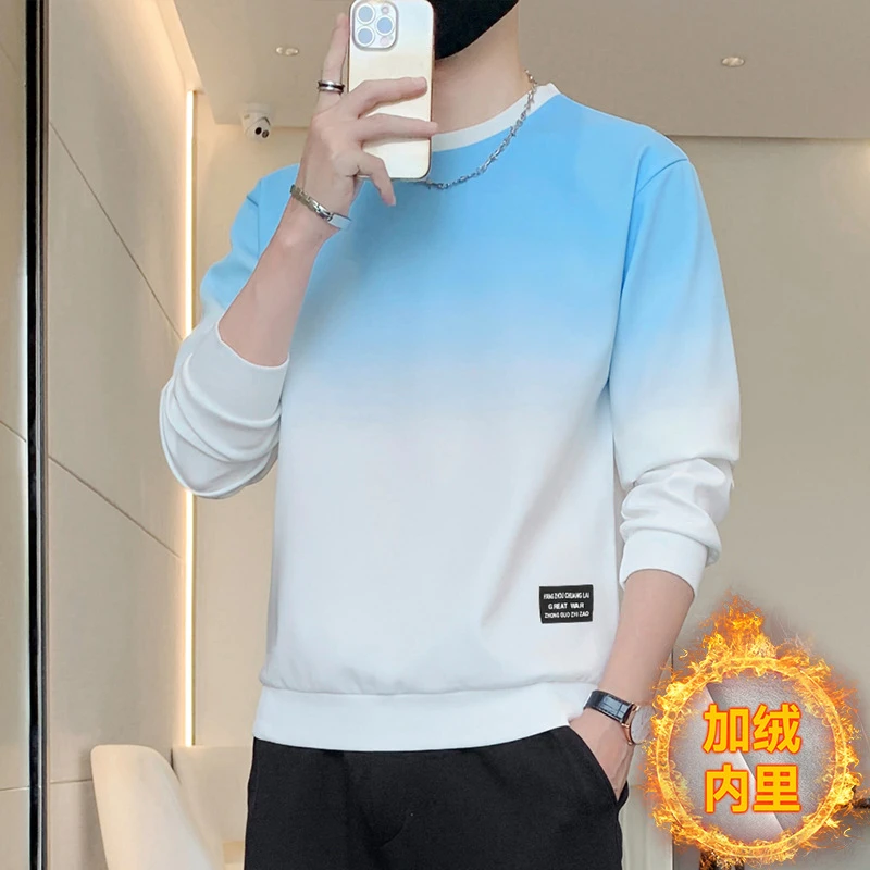 渐变色2024新款圆领卫衣男士春秋季潮牌男款加绒休闲秋冬装上衣服