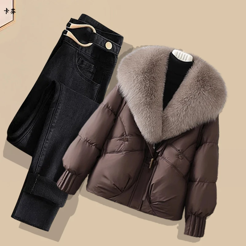 冬季套装女2025新款宽松大码保暖棉服外套女气质显瘦牛仔裤两件套
