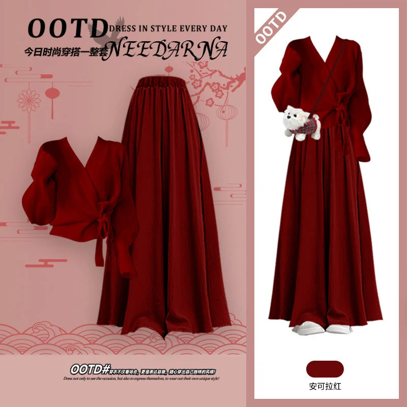 过年穿搭一整套女装新款圣诞红色针织毛衣安可拉红裙裤洋气两件套