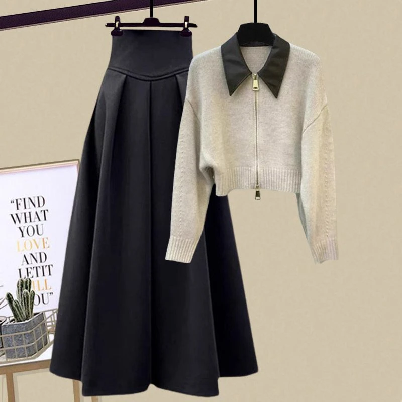 【品质专属】秋冬套装女高级感时尚polo领针织毛衣显瘦半身裙两件套