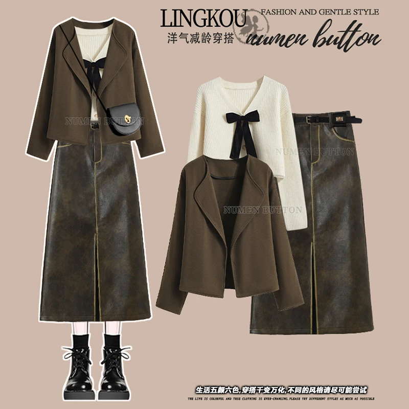 大码秋季职业套装女蝴蝶结针织毛衣毛呢外套高腰开叉半身裙三件套