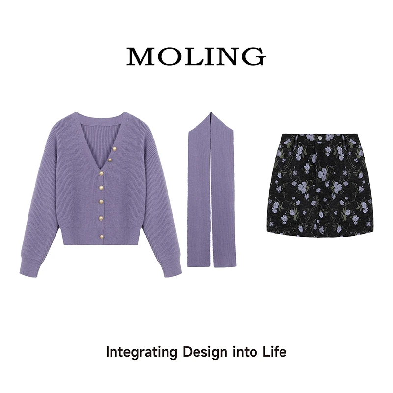 【品质专属】秋冬套装女2024新款时尚百搭针织衫围巾显瘦短裙三件套