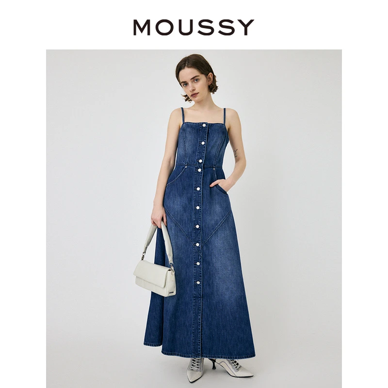 MOUSSY 夏季新品设计通勤风A型牛仔吊带连衣裙010HS611-0171