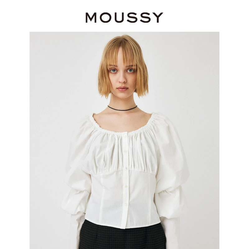 MOUSSY 新款法式优雅豹纹一字领堆堆袖衬衫010GAG30-7110