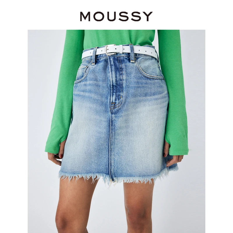 MOUSSY 早秋新款时尚通勤百搭高档下摆毛边A型水洗牛仔半身裙女