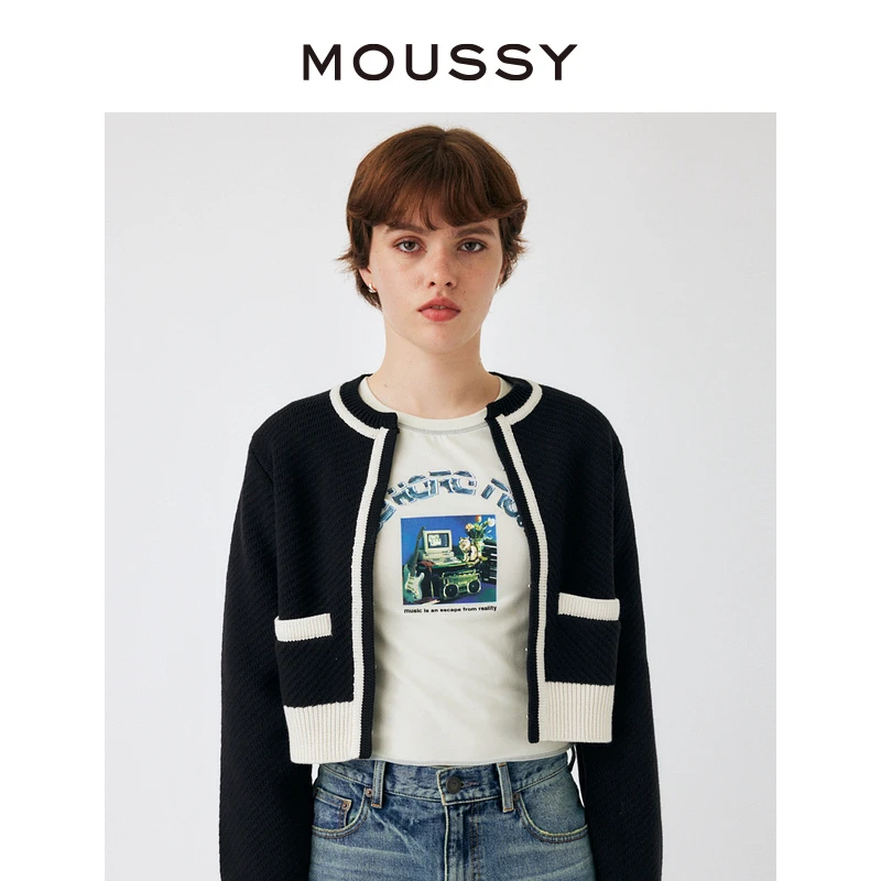 MOUSSY 早秋新款知识分子风撞色通勤针织开衫女010GAA70-6650