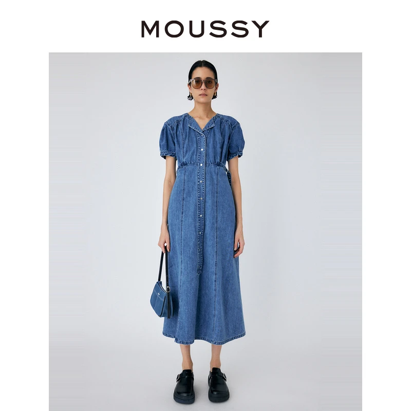 MOUSSY 秋冬新款甜美泡泡袖金属扣牛仔纯色短袖中长连衣裙女