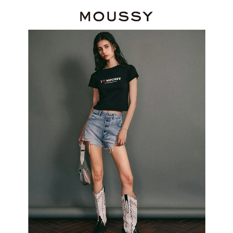 MOUSSY 新品百搭高腰复古四粒扣毛边显瘦牛仔短裤女028GSN11-0050
