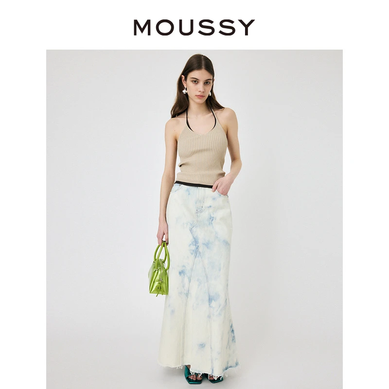 MOUSSY 新品气质扎染鱼尾牛仔裙流苏半身裙010HS711-0430