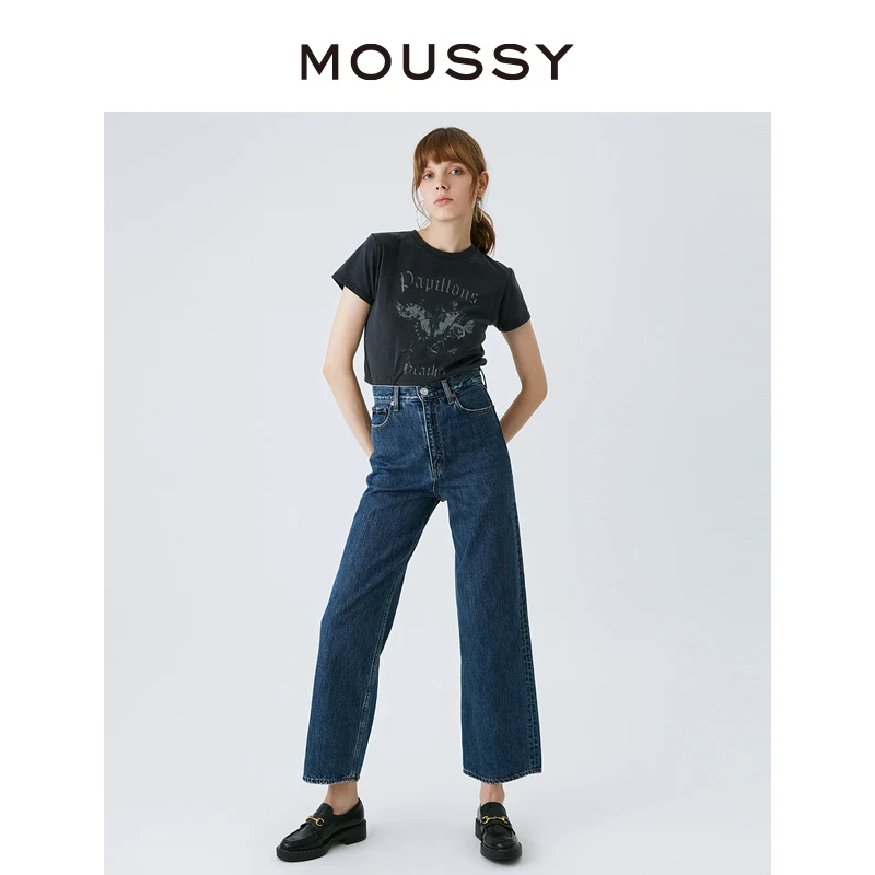 MOUSSY 爆款新款蓝色经典阔腿水洗休闲长款时尚百搭牛仔裤女