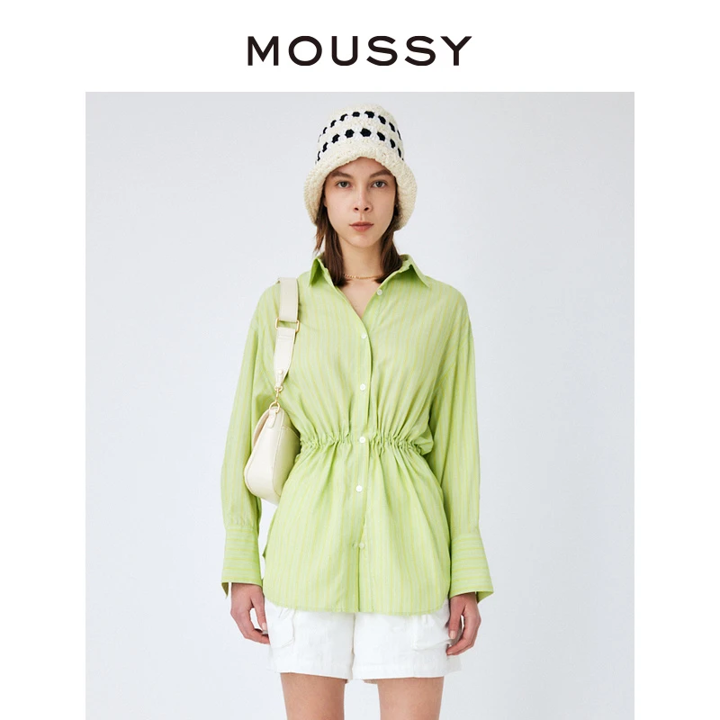MOUSSY 秋季新款休闲纯色后开叉系带收腰翻领长袖条纹衬衫女