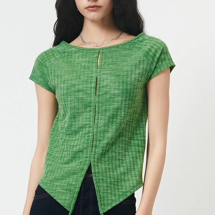 MOUSSY 春夏新款宽松飞飞袖修身设计感下摆开叉抽绳短袖T恤女