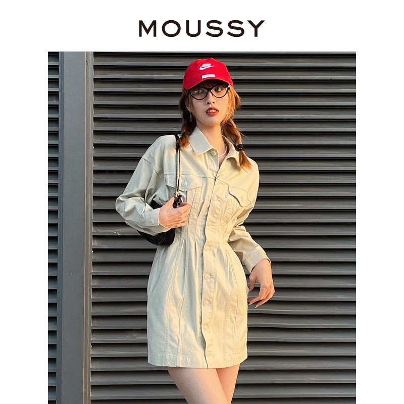 MOUSSY 秋冬新款时尚气质通勤风收腰泡泡袖简约衬衫连衣裙女