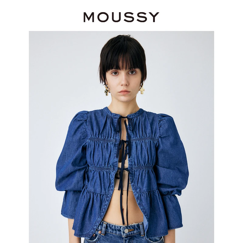 MOUSSY  秋季新款正反两面穿系带抽褶长袖泡泡袖衬衫上衣女