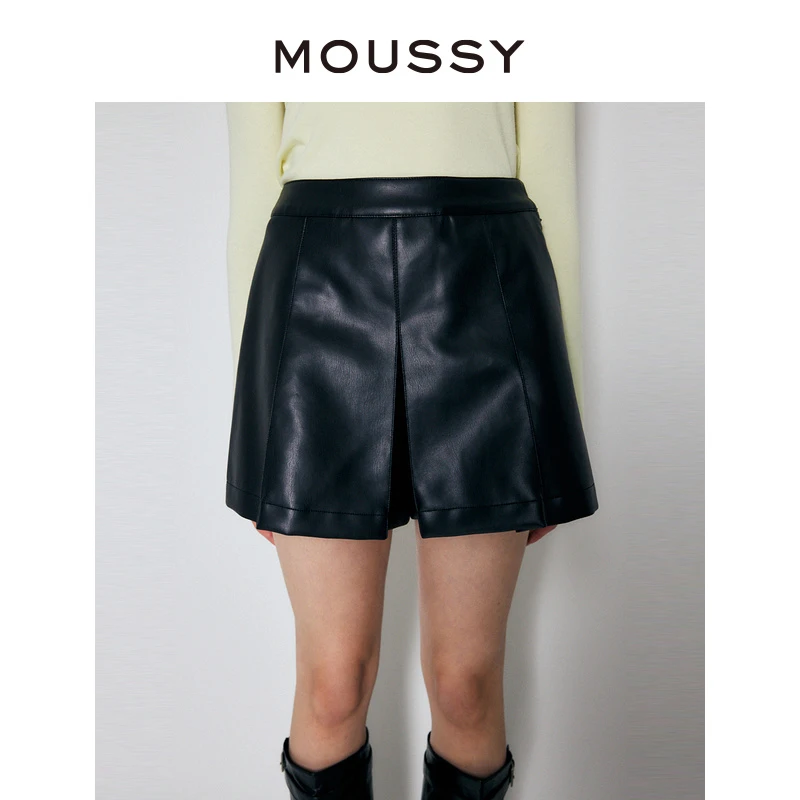 MOUSSY 新款时尚通勤御姐风气质设计感PU皮高腰短裤纯色休闲裤女