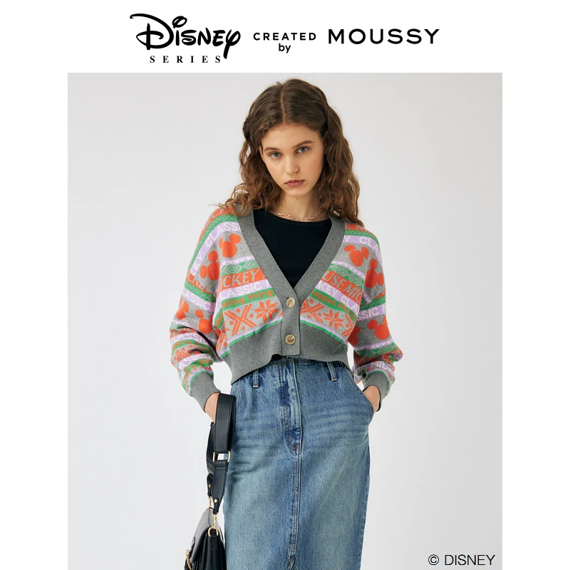 MOUSSY 早秋新品迪士尼合作款米奇图案印花长袖针织开衫上衣