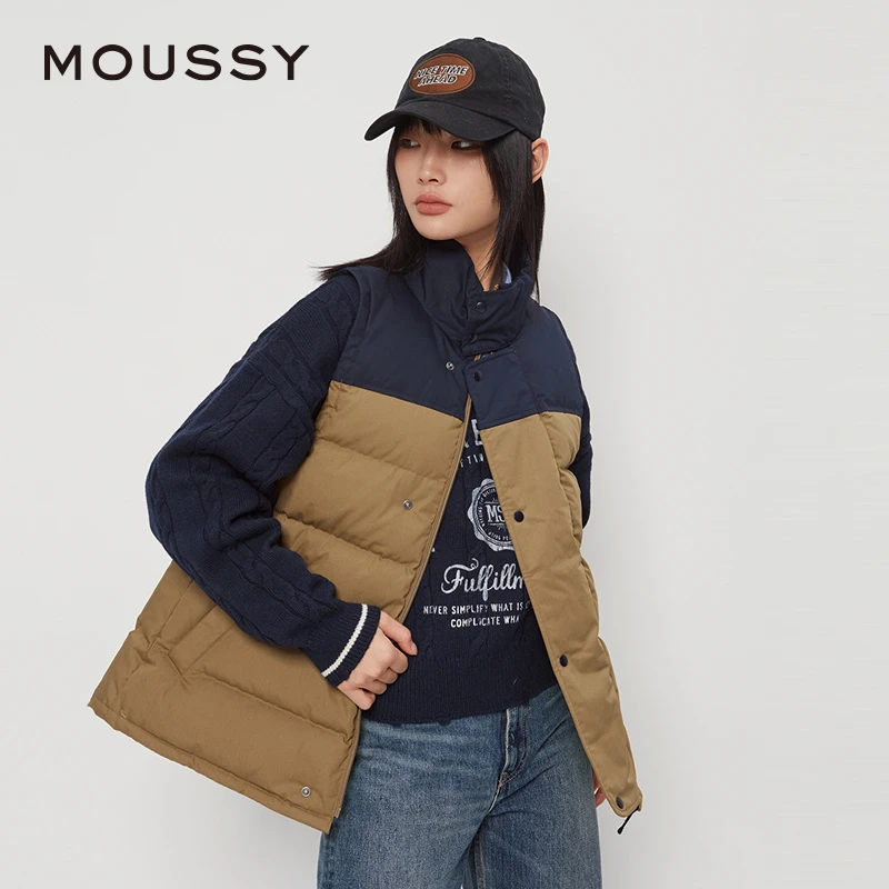 moussy 秋季新品中性风宽松撞色休闲羽绒马甲女028HAA30-2131