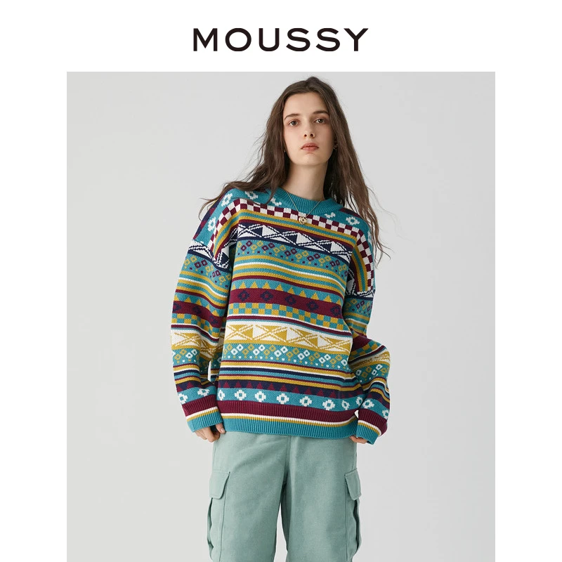 MOUSSY 秋冬新品复古菱形图案圣诞氛围套头毛衣028FAZ70-5100