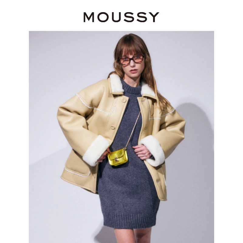 MOUSSY秋冬新品男友风皮毛一体机车夹克外套女