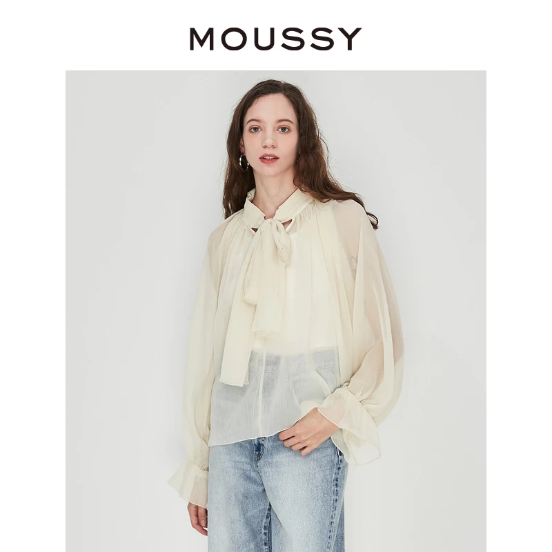 MOUSSY  春夏新款设计感微透花瓣袖领口系带时尚休闲纯色长袖衬衫
