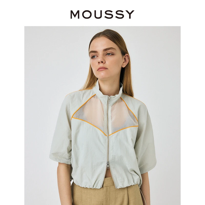 MOUSSY 新品通勤拼接抽绳立领薄外套010HSL80-2441