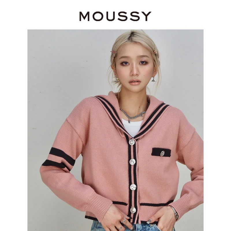 MOUSSY 早秋新款大翻领撞色学院风单排扣针织开衫女