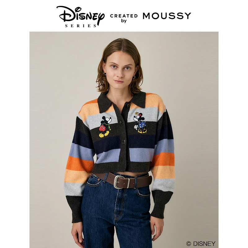 MOUSSY 2024冬季新品迪士尼联名彩色条纹刺绣针织衫010HAL70-0711