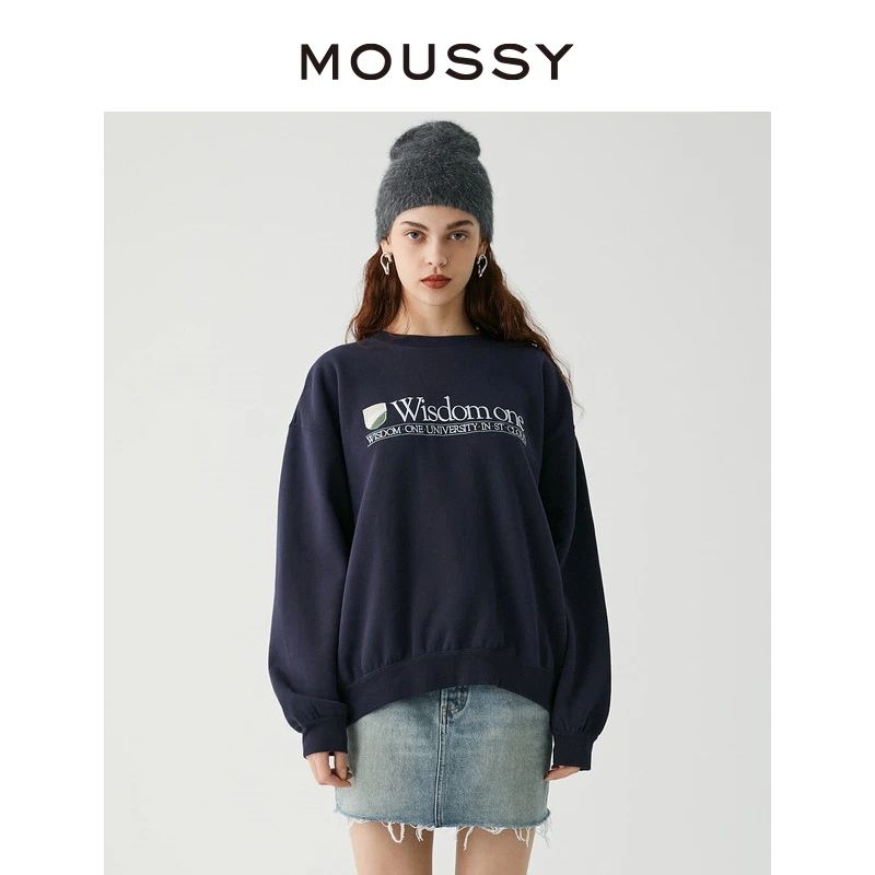 MOUSSY 秋冬新品欧美风字母刺绣加绒套头卫衣女010FAL90-5750