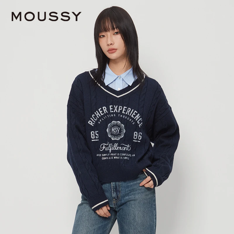 moussy 秋季新品英伦学院风字母V领针织衫毛衣028HAZ70-1001