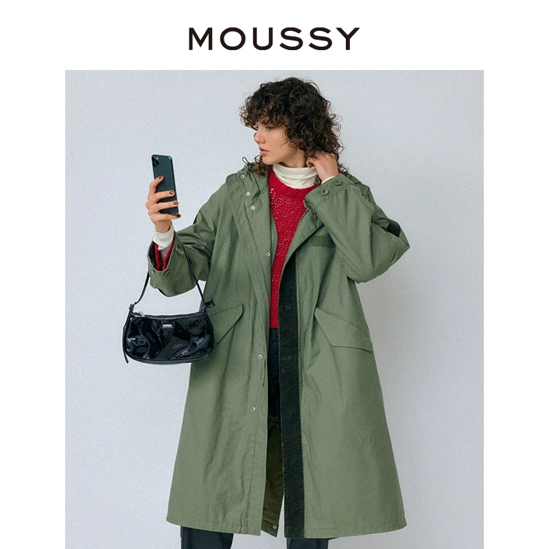MOUSSY 秋冬新款时尚字母印花图案连帽休闲复古中长款百搭外套女